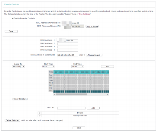 Parental Control settings page.