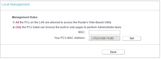 Local Management settings page.