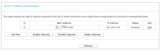 DHCP Address Reservation settings page.