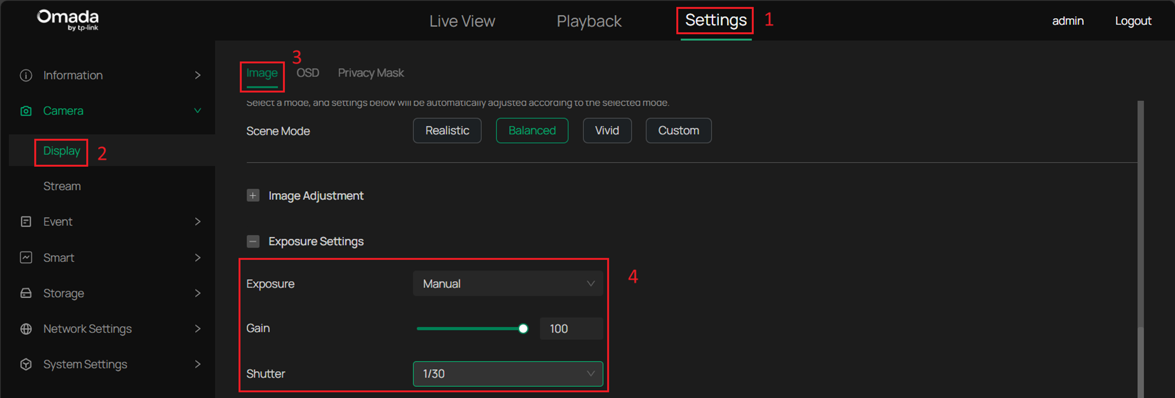 ALT TEXT: Exposure Gain and Shutter configuration in the Exposure Settings 