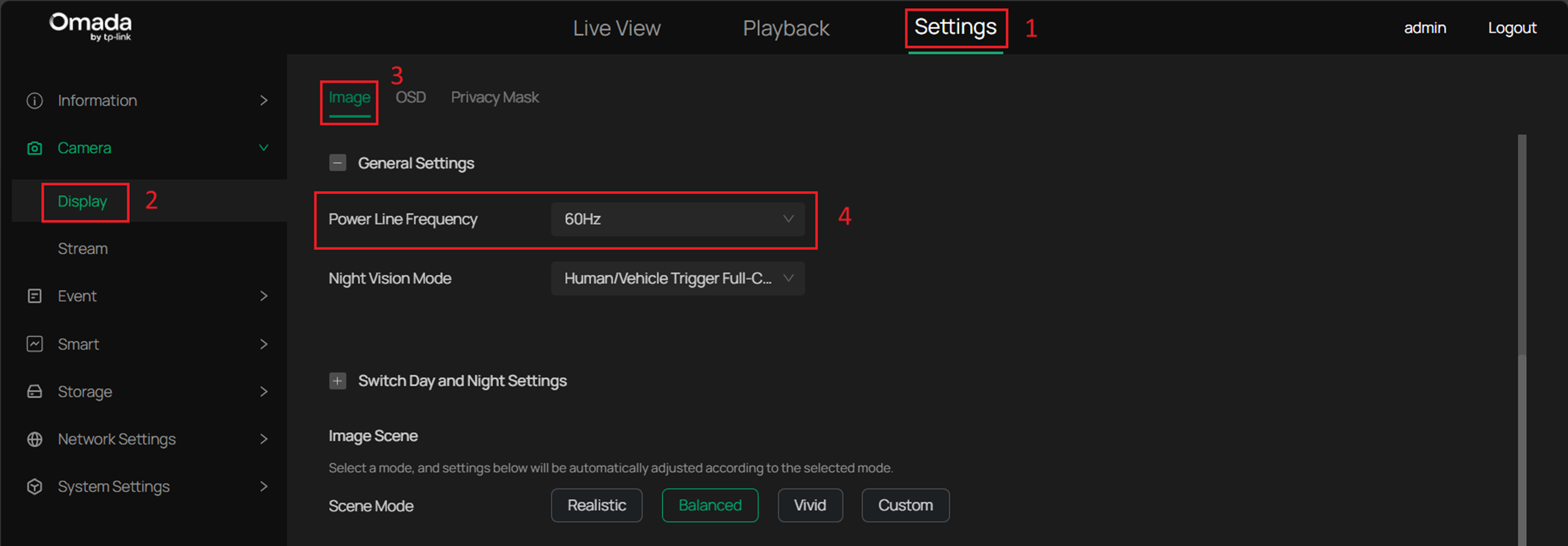 ALT TEXT: Power Line Frequency configuration in the General Settings