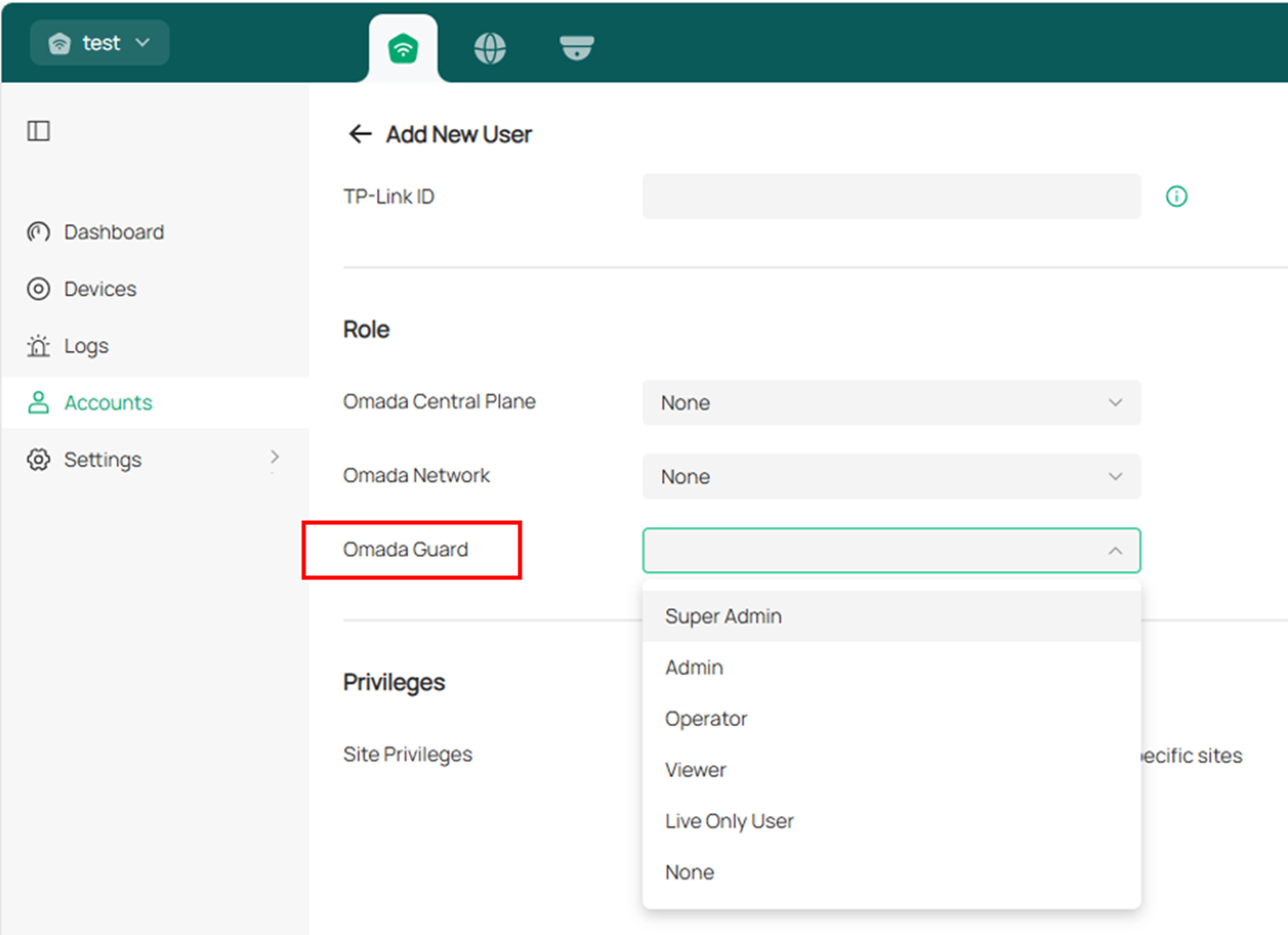 Alt text: The roles you can choose for your Omada Guard Users