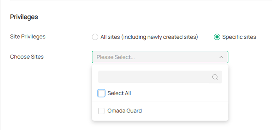 Alt text: The privileges you can choose for your Omada Guard Users