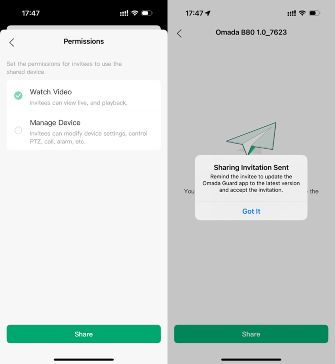 Alt text: Interface where you can set the permission for the invitee