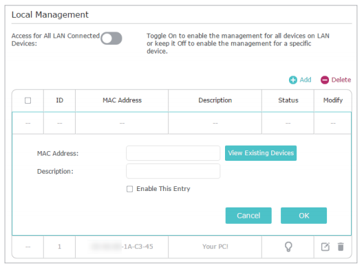 Local management settings page.