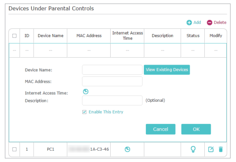 Parental Control settings page.