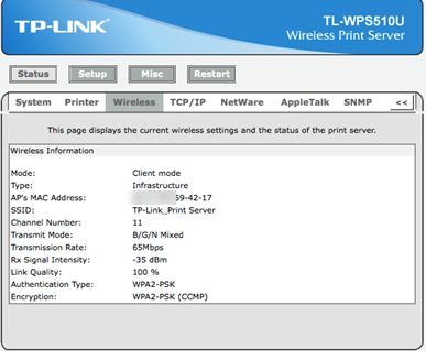 Wireless status page of TL-WPS510U.