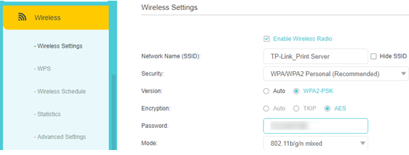 Wireless settings page.