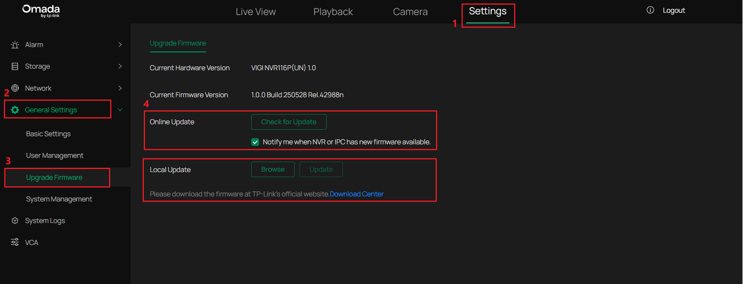 Alt text: the upgrade firmware page allows users to upload firmware locally or via cloud