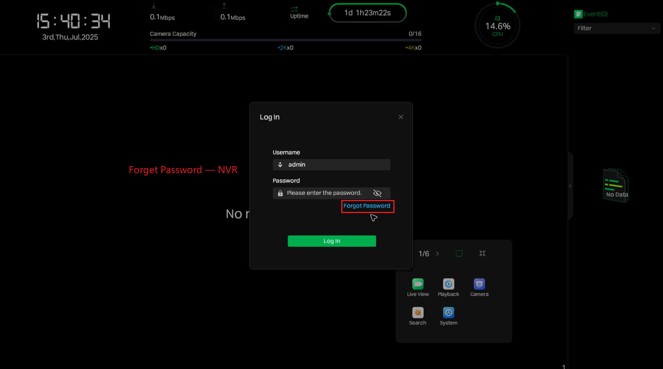 Alt text: the entrance to reset the NVR's password.