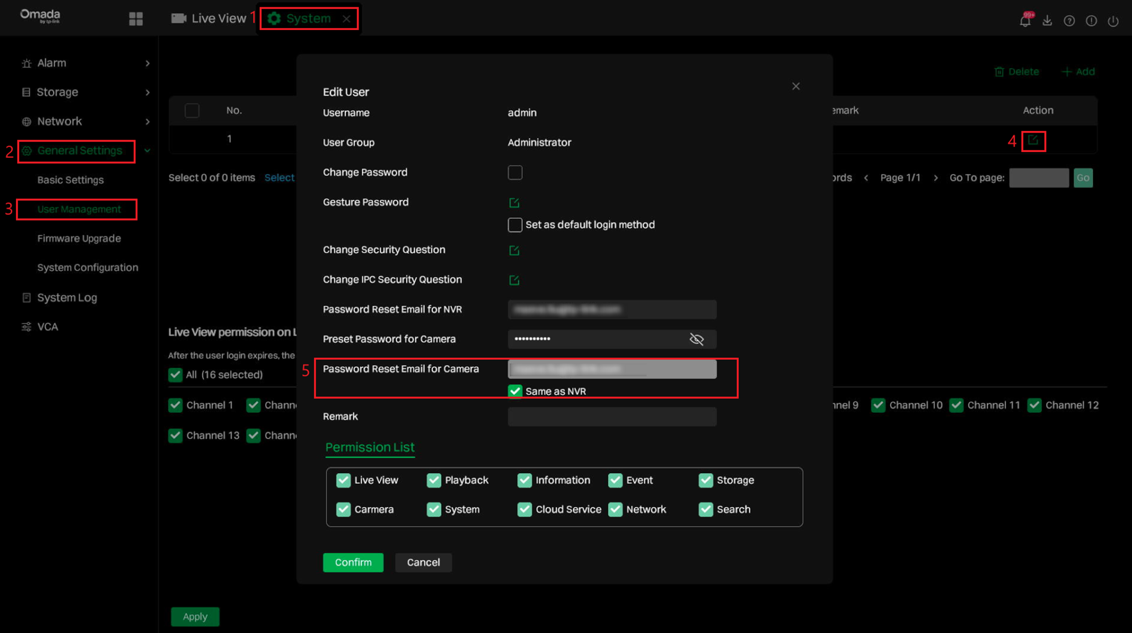 Alt text: the path to modify password reset email for camera.