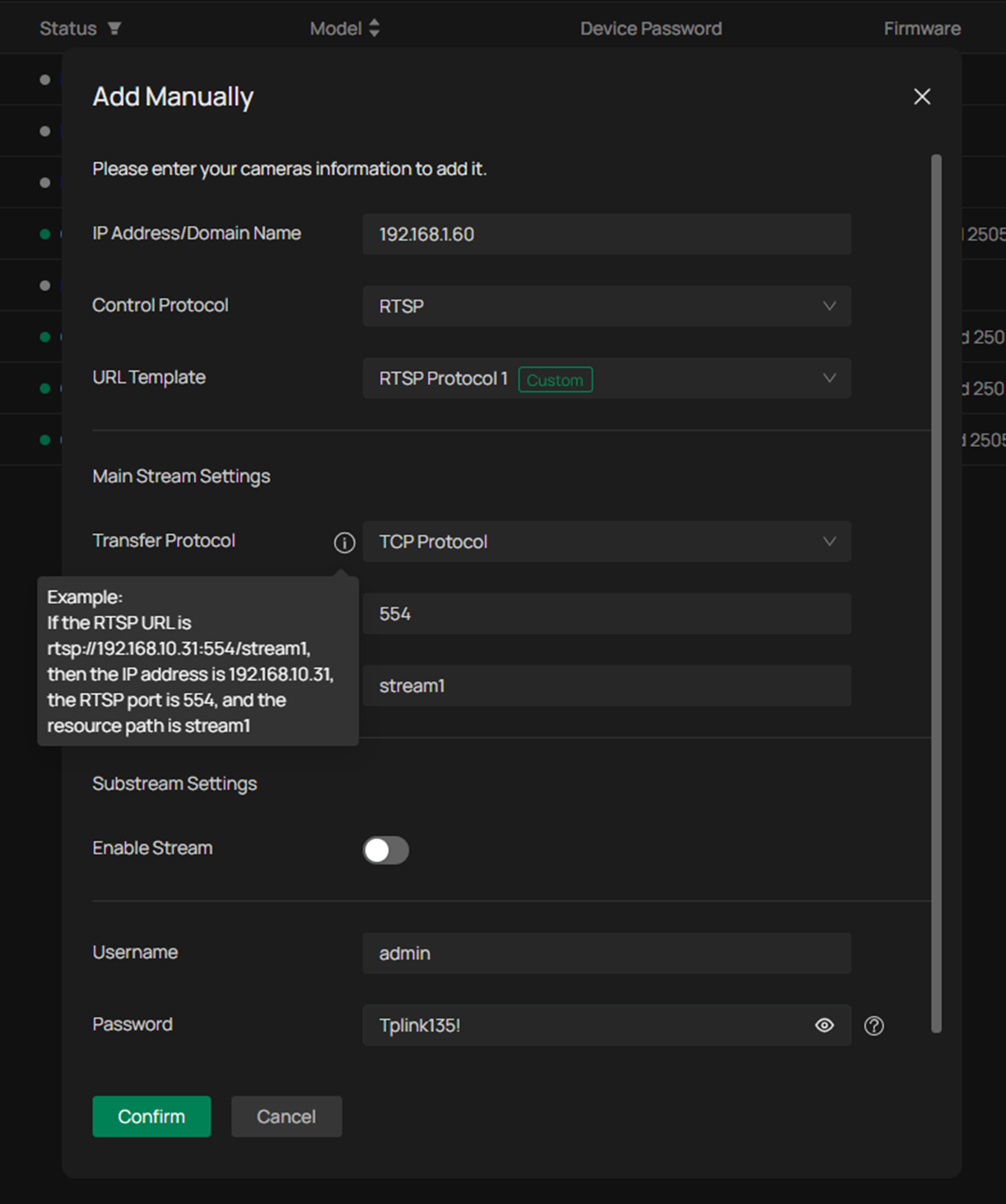 Alt-text: The config page of Add manually via RTSP protocol.