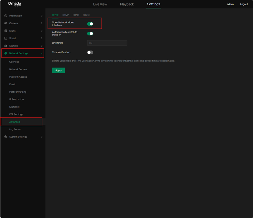 Alt-text: Ensure the ‘Open Network Video Interface’ is enabled on the Omada camera's web interface.