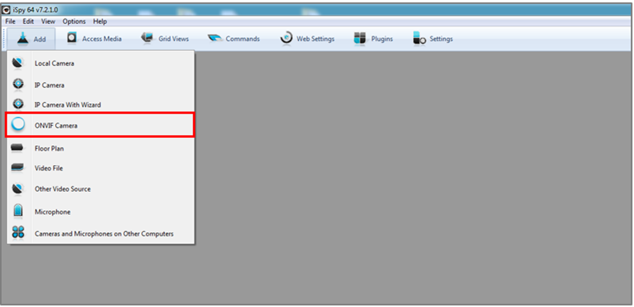 Alt-text: Click ‘Add’ on the top left menu and select ‘ONVIF Camera’ on iSpy software.