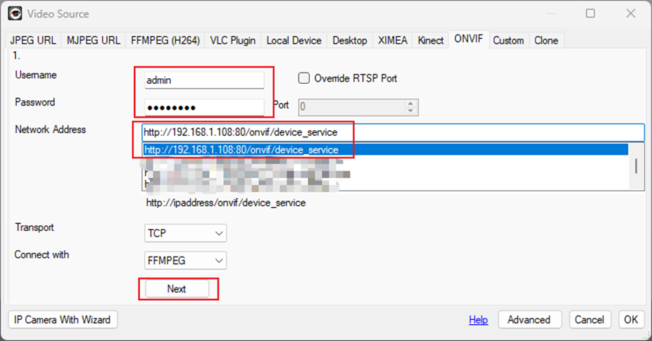 Alt-text: Enter the username/password/network address of the ONVIF Camera on the iSpy software.