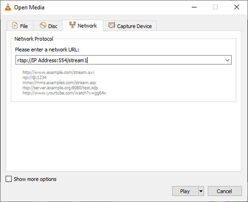 Alt-text: Fill in the URL of the Omada camera on the VLC software.