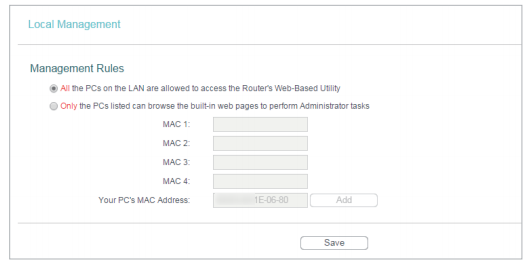 Local Management settings page.