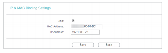 IP & MAC Binding Settings page.