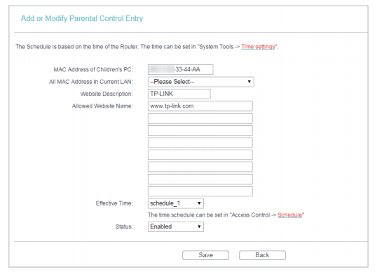 Parental Control settings page.