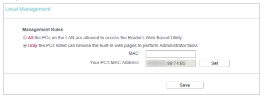 Local Management settings page.