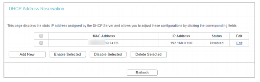 DHCP Address Reservation page.