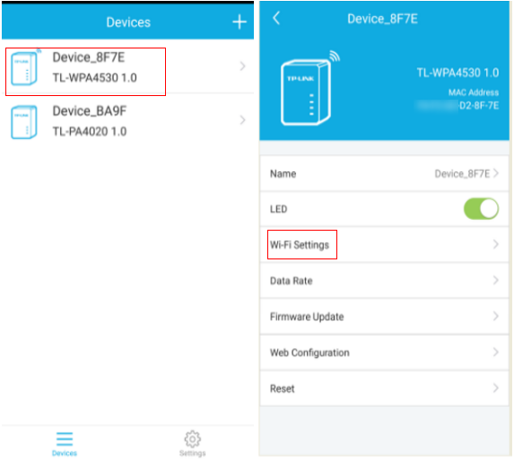 Select wireless powerline adapter and tap Wi-Fi settings.