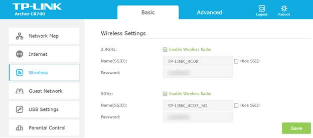 Wireless settings page.