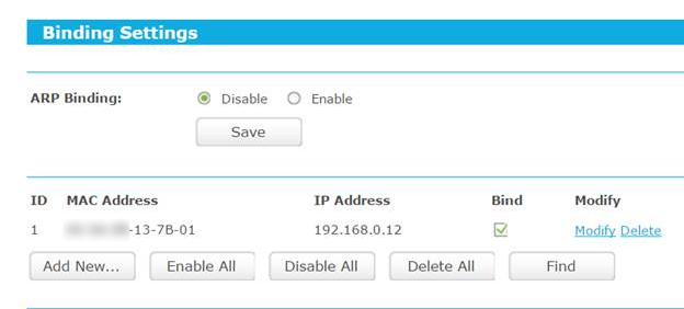 Enable ARP Binding.
