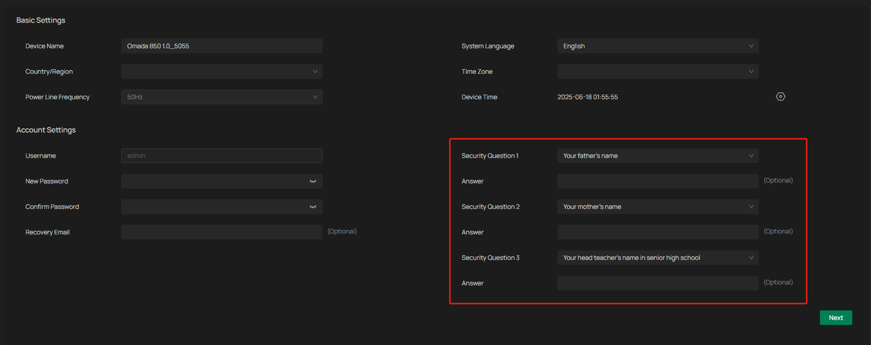 Alt text: Location to set security questions.
