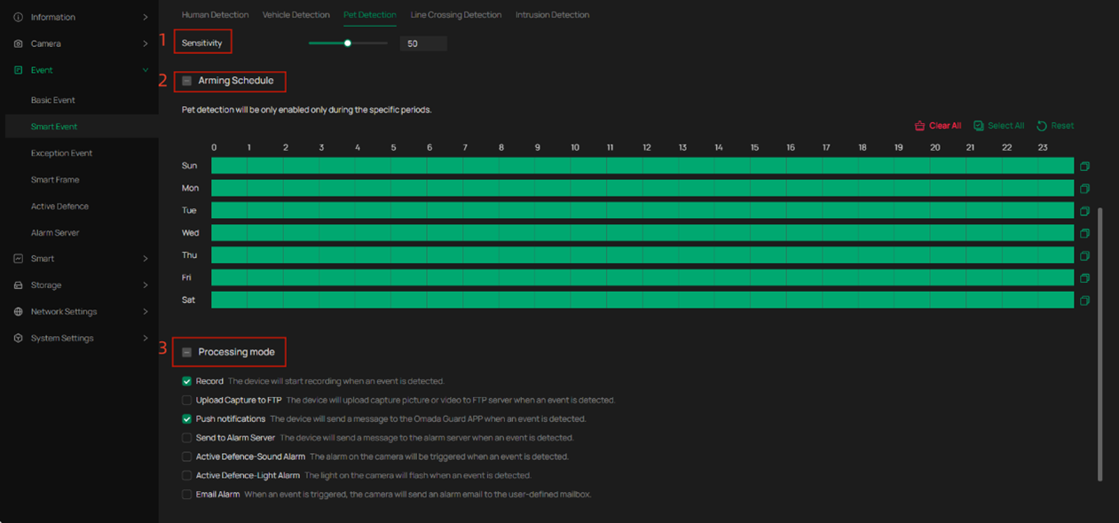 Alt text: Locate the settings of “Sensitivity,” “Arming Schedule,” and “Processing mode” on the screen.