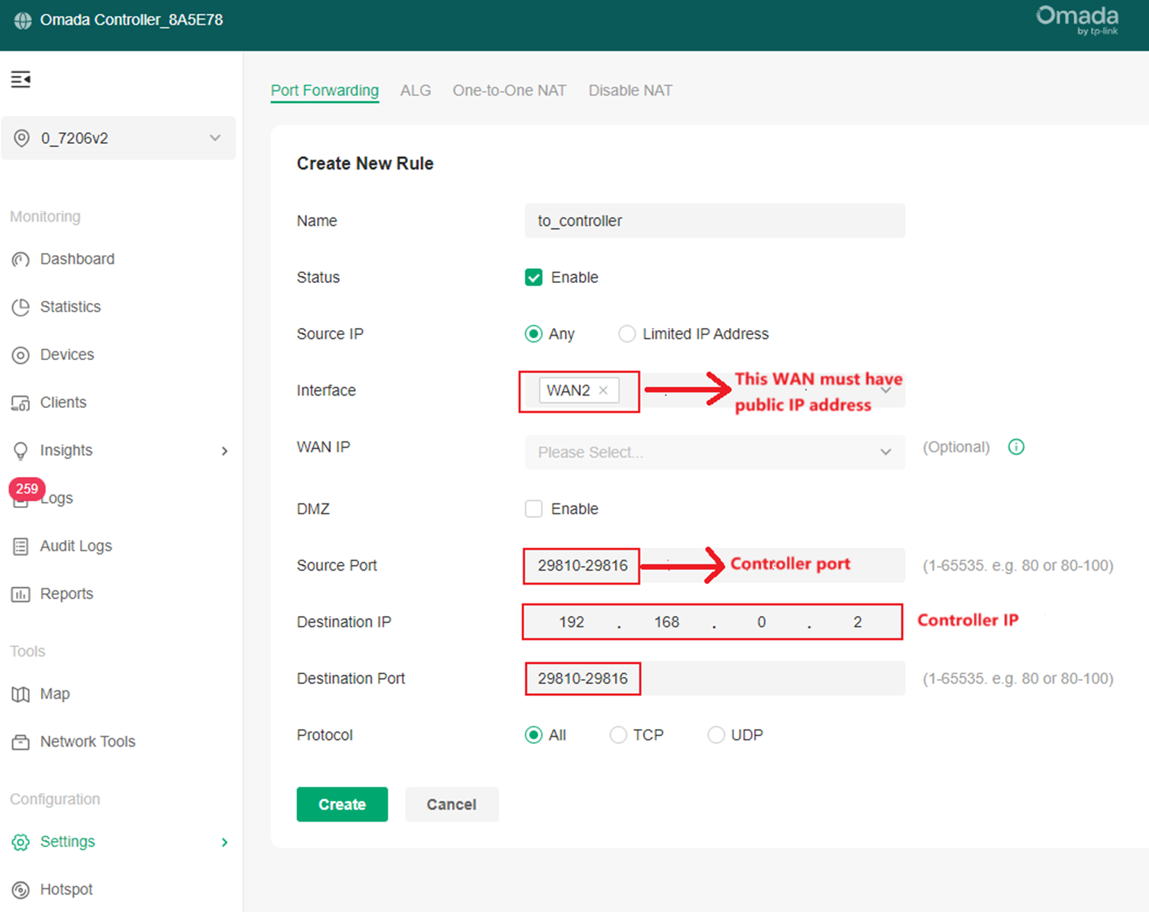 Alt text: port forwarding configuration for controller’s adoption.
