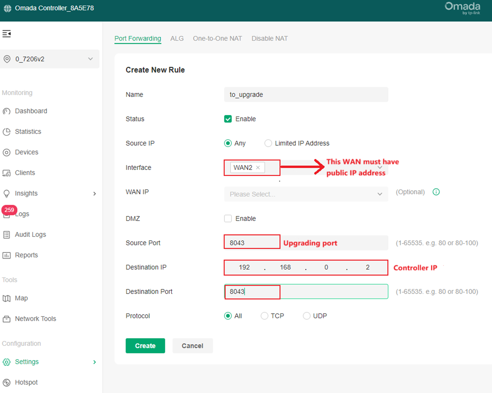 Alt text: port forwarding configuration for controller’s adoption.