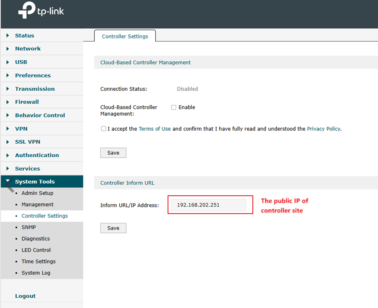 alt text: the configuration for gateway’s inform URL.