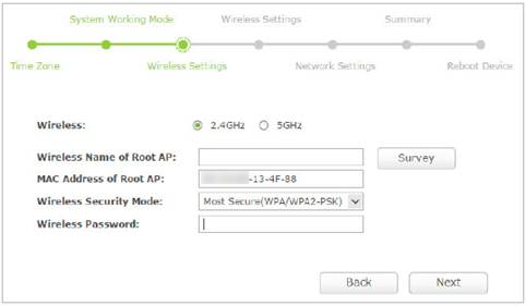 Wireless settings page.
