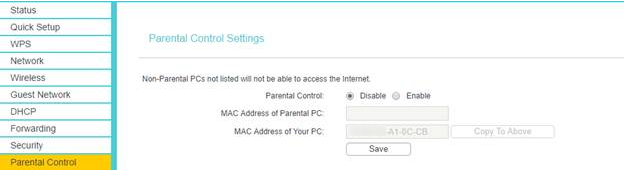 Parental Control settings page.