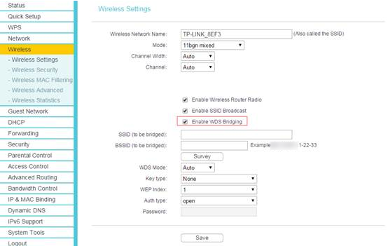 Wireless settings page.