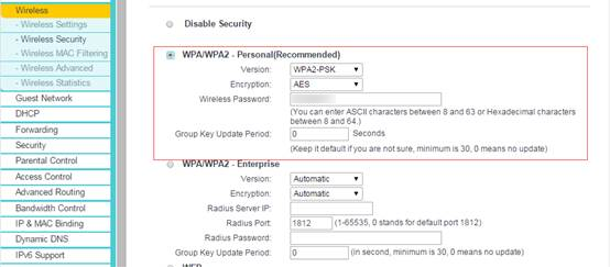 Wireless Security page.