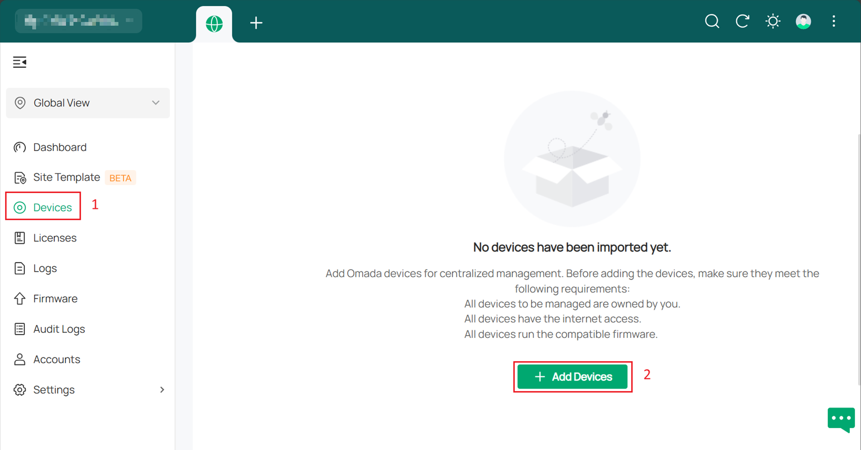 Alt text: the button for adding new devices in Omada Central