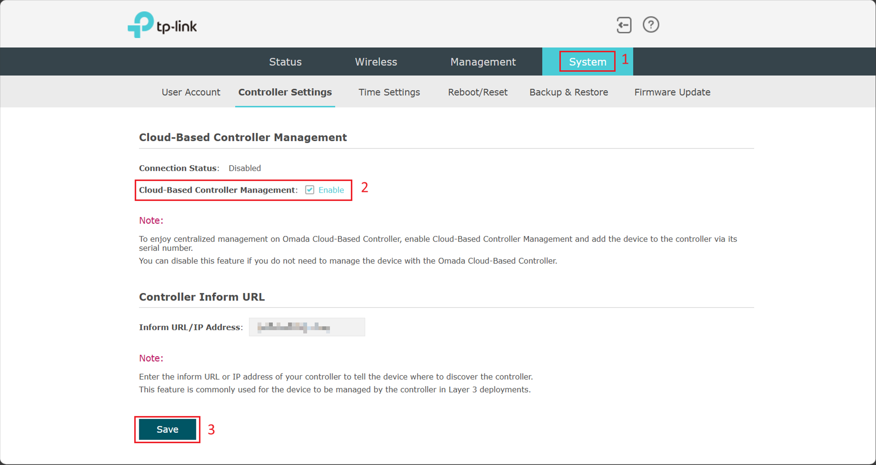 Alt text: the path to enable cloud-based controller management in Omada AP.
