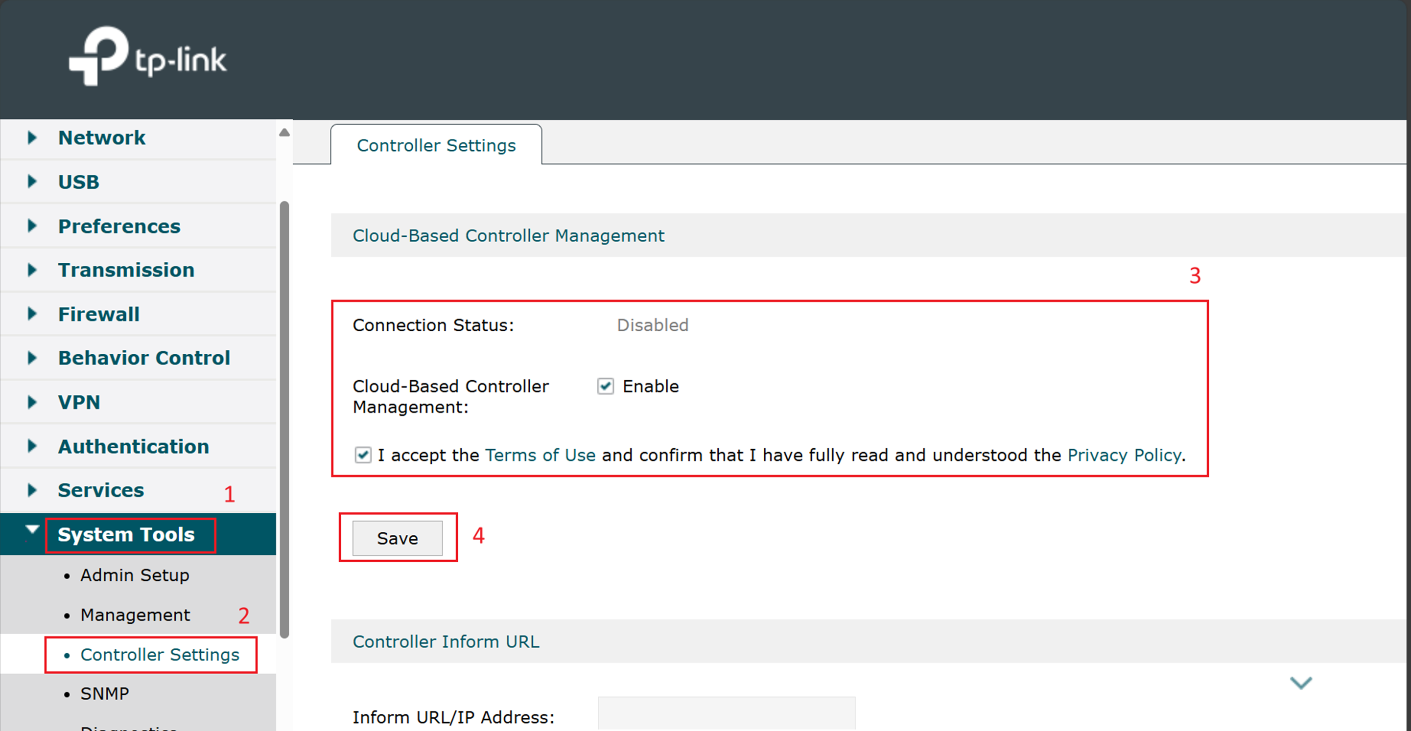 Alt text: the path to enable cloud-based controller management in Omada gateway.