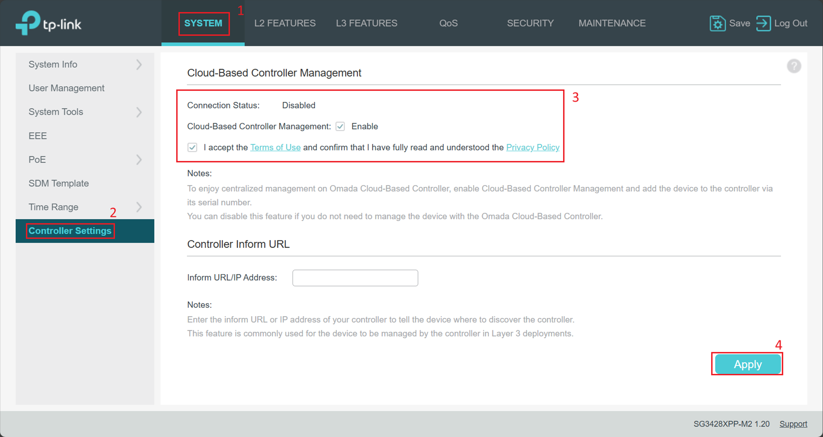 Alt text: the path to enable cloud-based controller management in Omada switch.