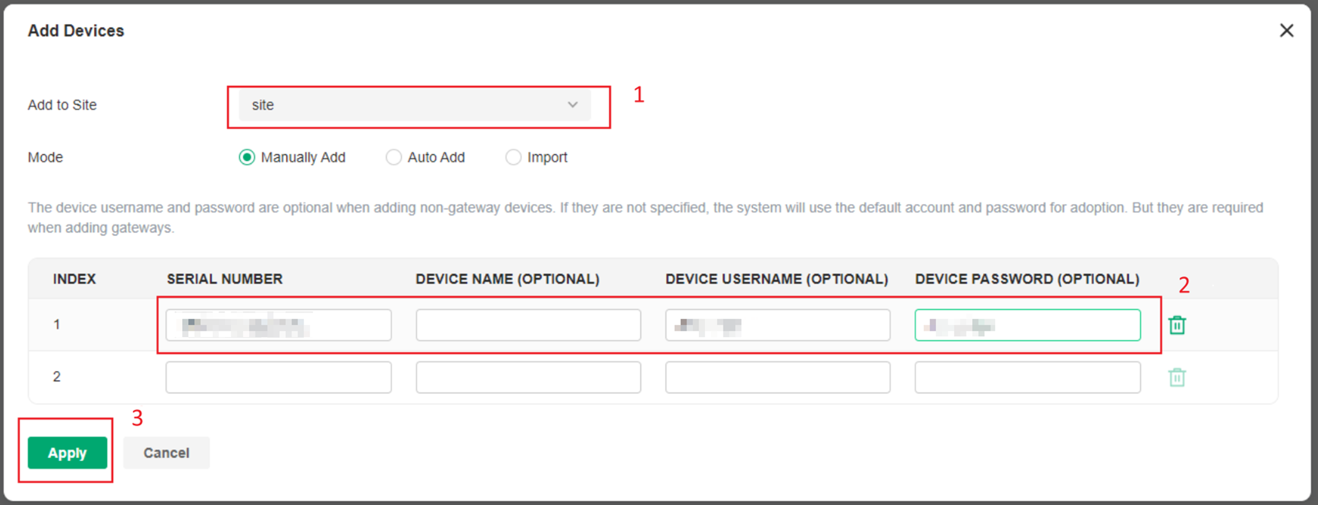 alt text: steps to add a device by manually inputting serial number.
