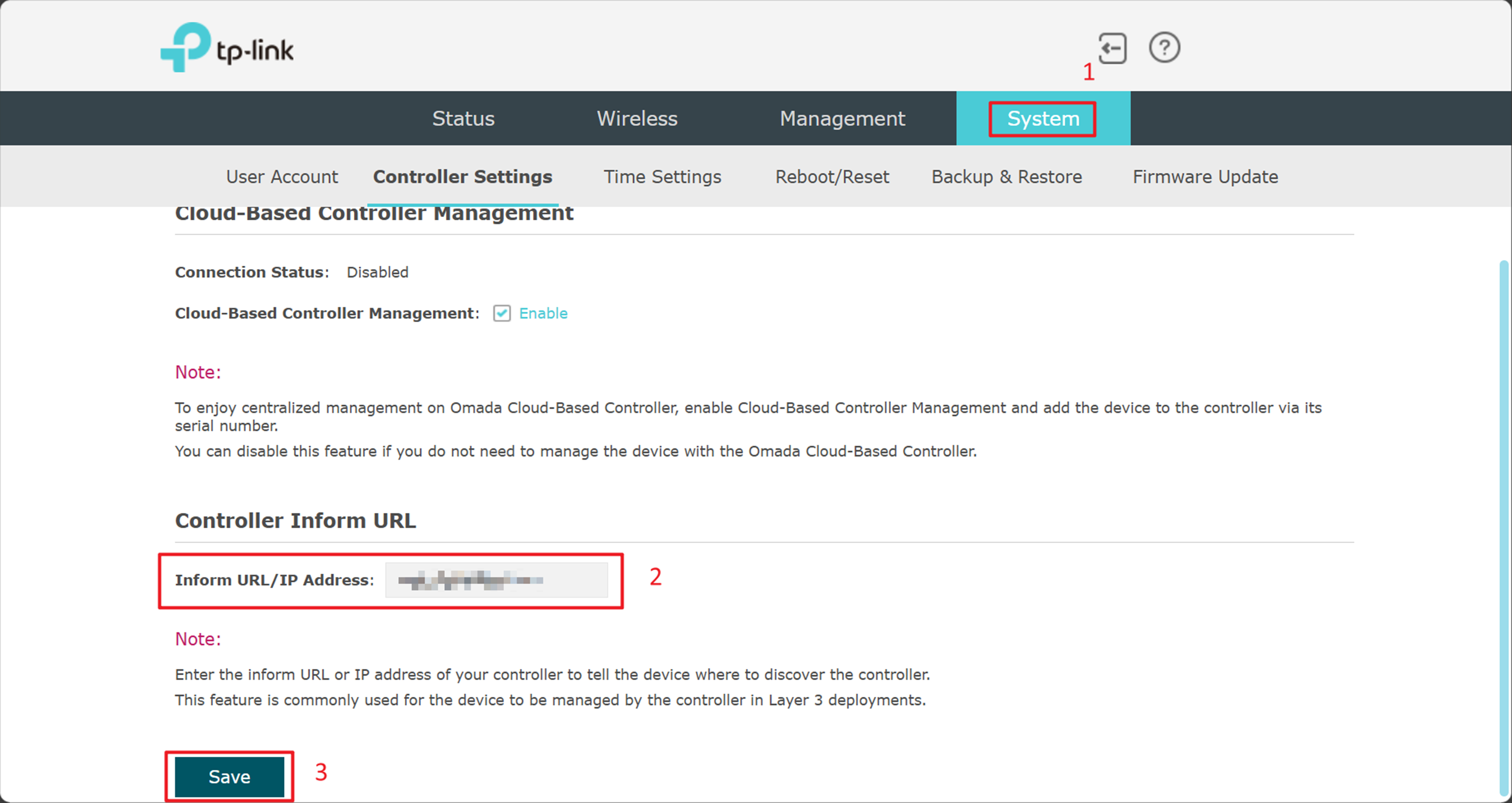 alt text: the page to configure inform URL for Omada AP
