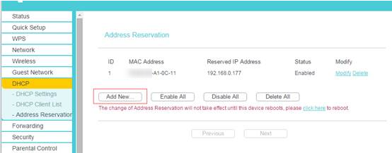 Address Reservation settings page.
