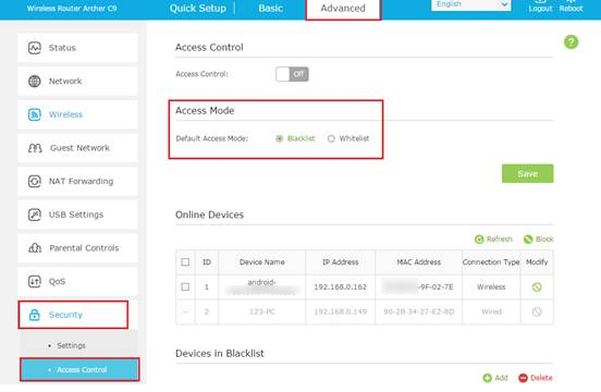 Access Control settings page.