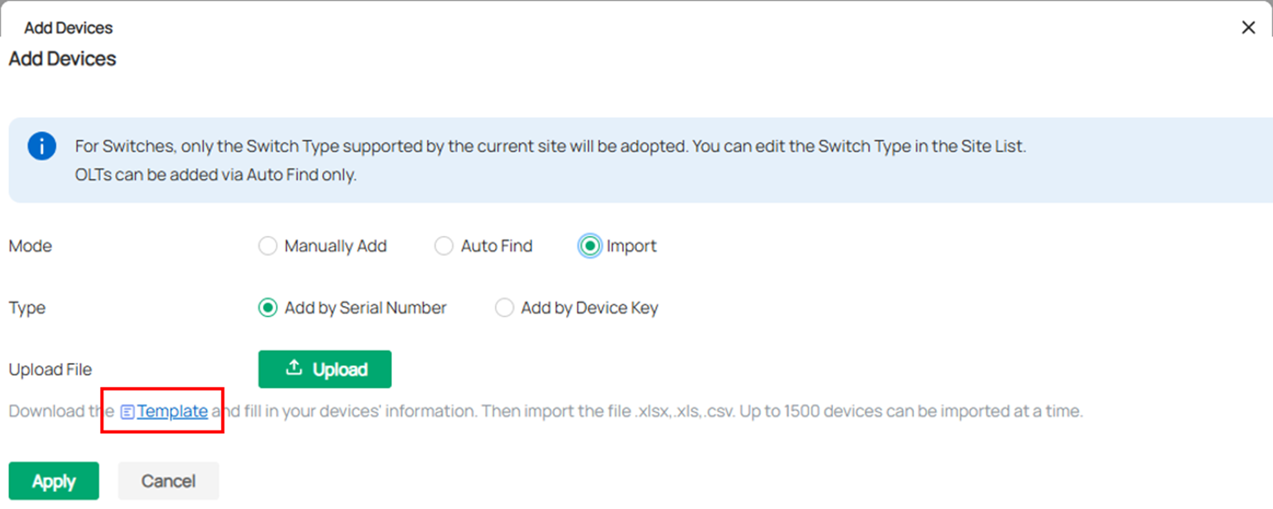 Alt text: Link where you can download the import template.