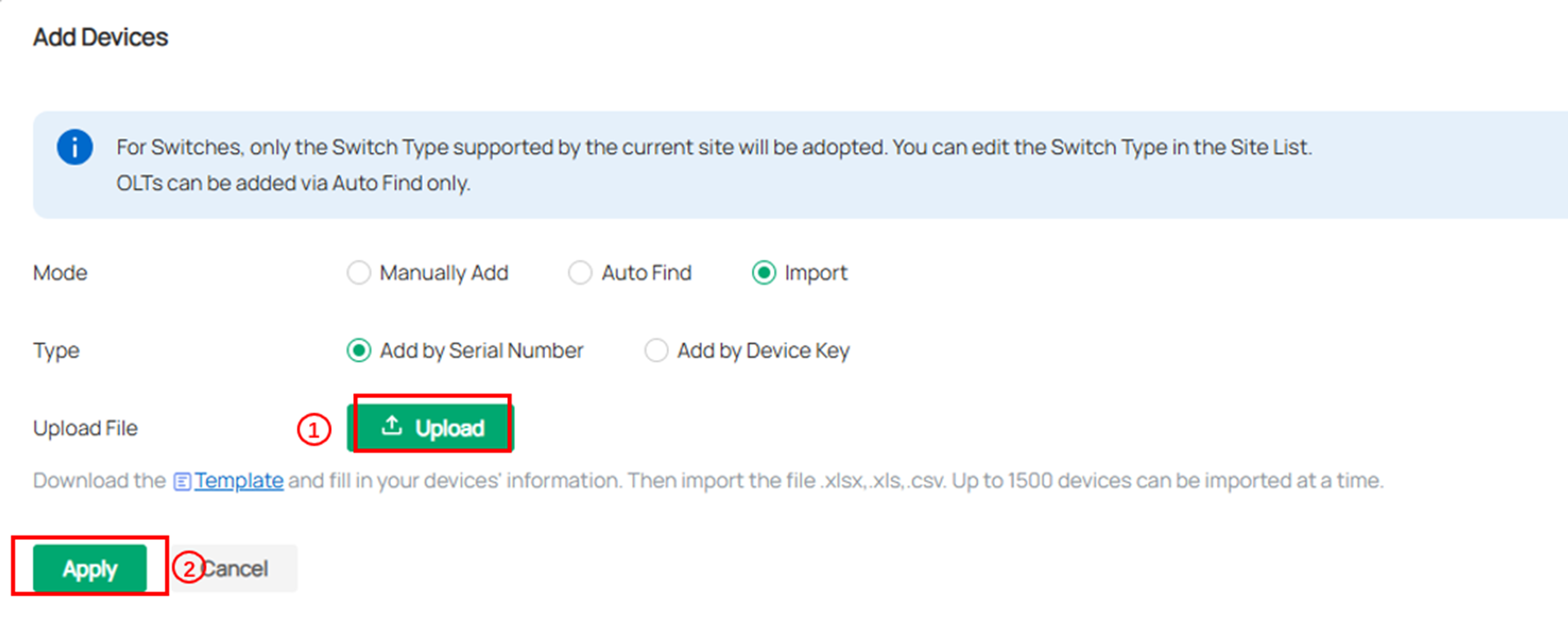 Alt text: Procedure to add devices using template imported.