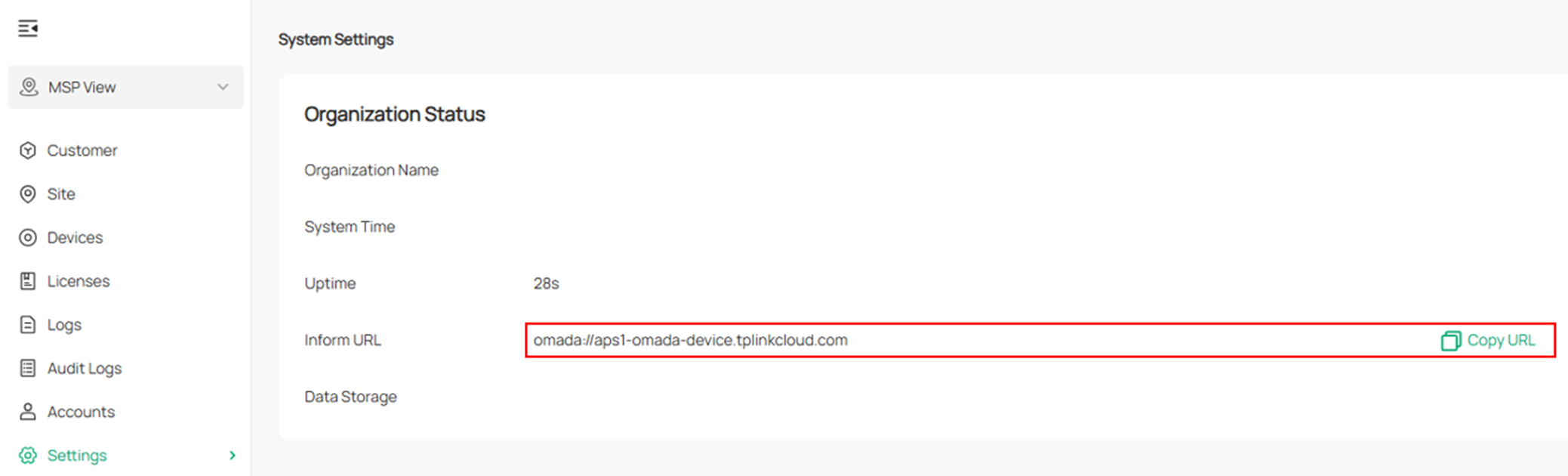 Alt text: Link where you can copy your Controller’s URL In MSP mode.
