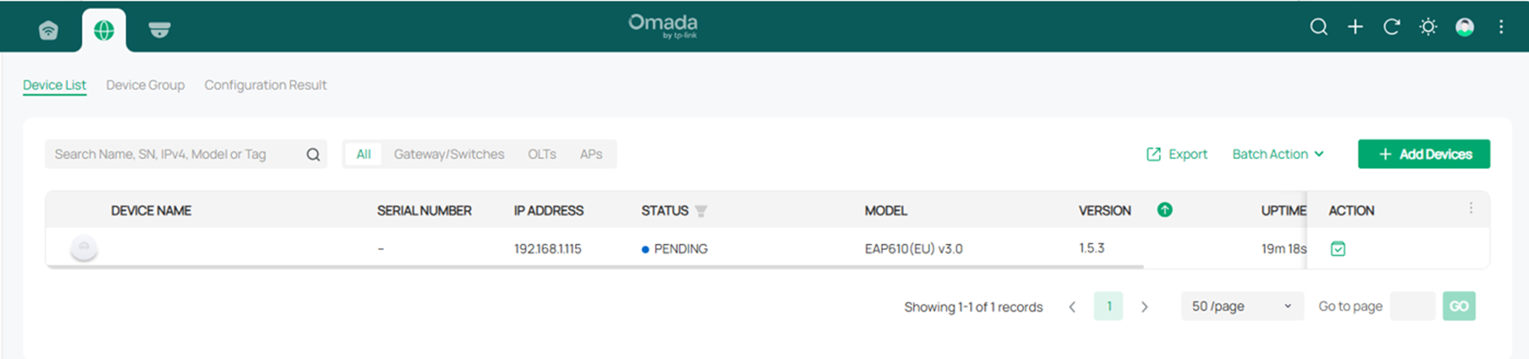 Alt text: Devices list where you can check if the device is found by Omada Central.