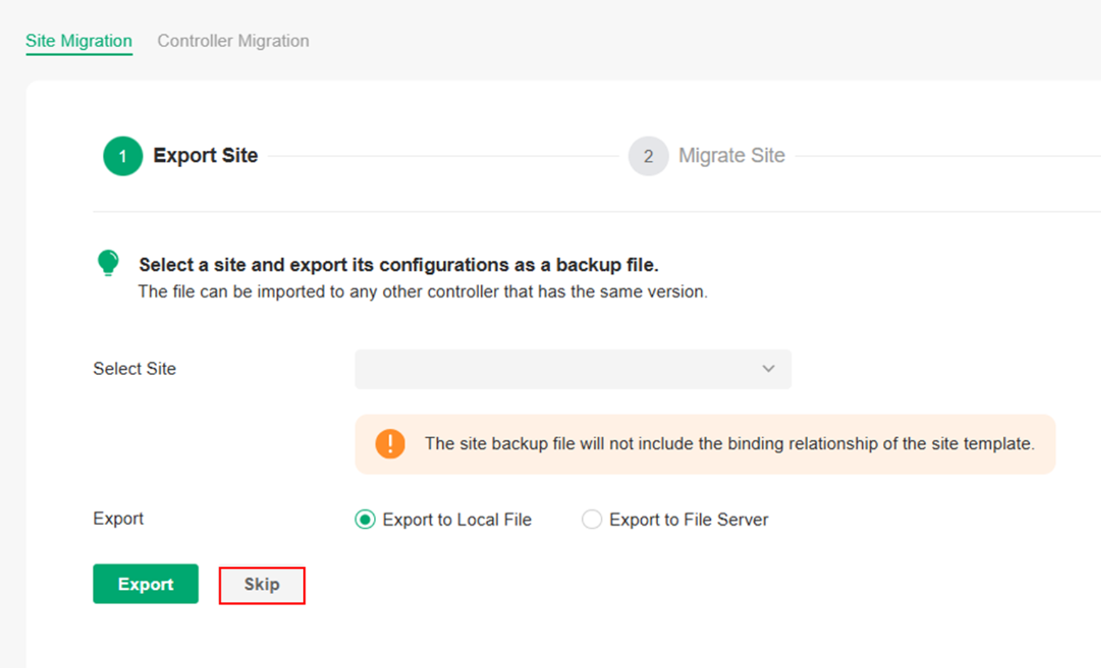 Alt text: Export Site page in the site migration process.